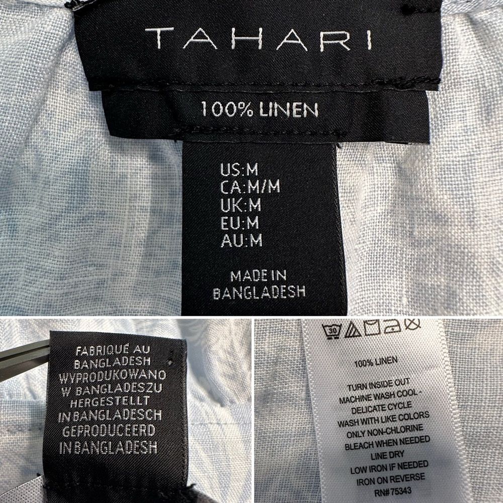 Tahari Linen Tiered Mini Dress Blue White Botanical Print Sleeveless V-Neck Med - Picture 6 of 11